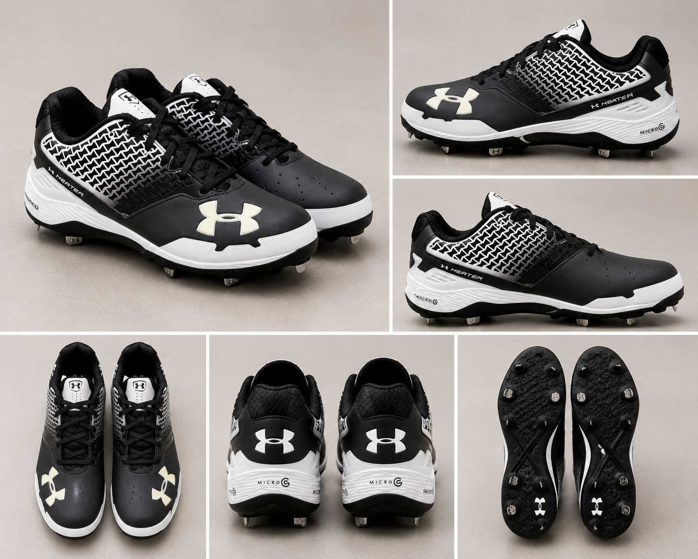 Under Armour -UA Heater Low St Black and White Metal Cleats Baseball Shoes