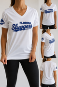 Women V-Neck Shirts Florida Sluggers Cursive Logo