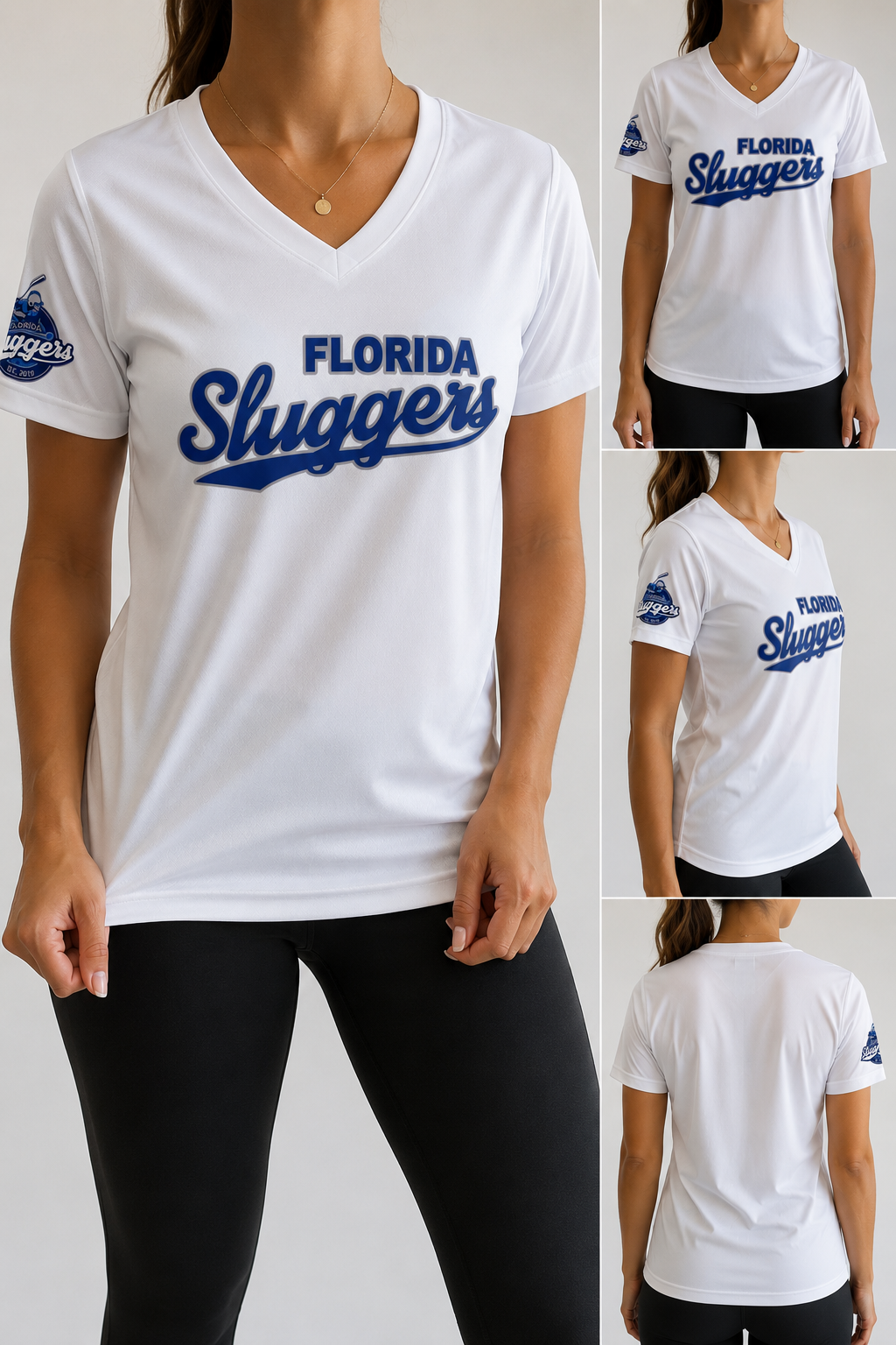 Women V-Neck Shirts Florida Sluggers Cursive Logo