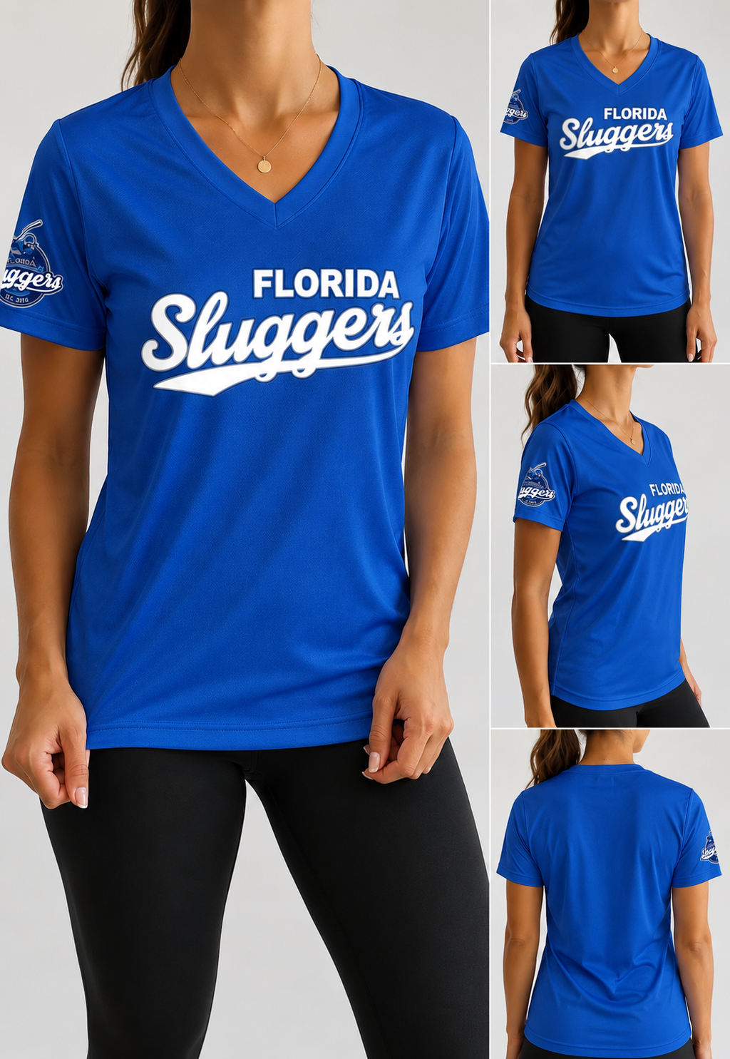 Women's royal blue V-neck dry-fit shirt with Florida Sluggers cursive logo, front, side and back views